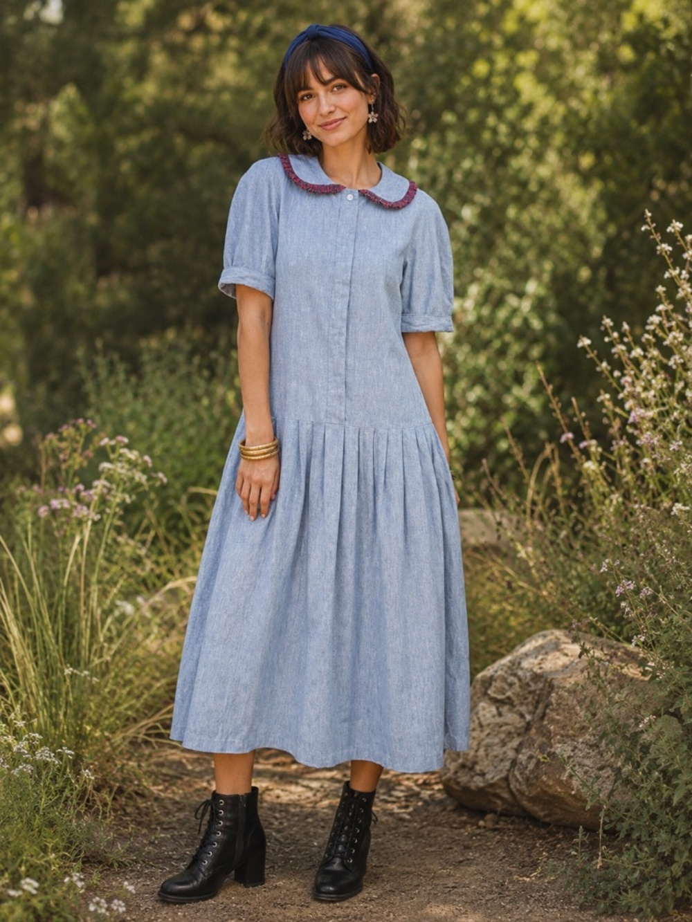 Misty Lane Sz 8/10 Vintage Chambray Dress Dropped Waist Cottagecore Pleats